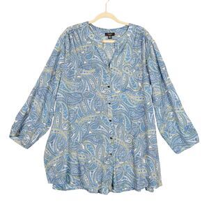 COCOMO Blue Paisley Artsy 3/4 Sleeve Button Up Tunic Top Psychedelic SIZE 3X